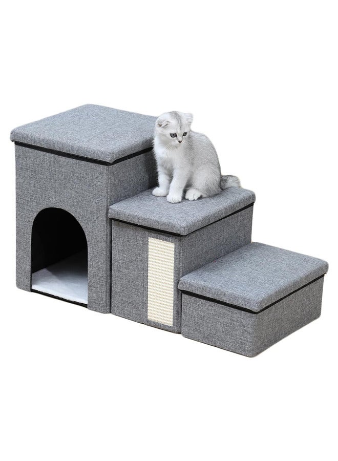 Dog Stairs with Pet House,3-Step Foldable Storage Indoor Dog Steps withScratcher for Puppy,Cats(Grey -House)