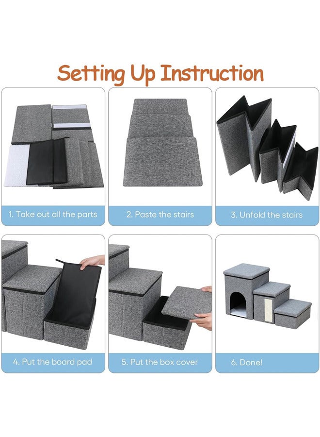 Dog Stairs with Pet House,3-Step Foldable Storage Indoor Dog Steps withScratcher for Puppy,Cats(Grey -House)