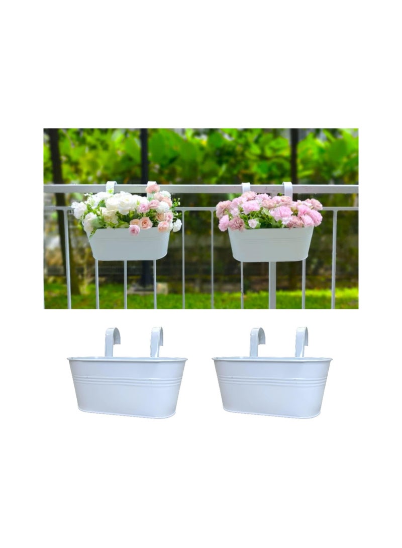 Rail Planters for Outdoor (2 Pack, 11.2 Inch) White Metal Iron Hanging Flower Pots, Strawberry Planter Deck Railing Fence Bucket Wall Mount Window Box Plant Holder with Hooks Porch Decor