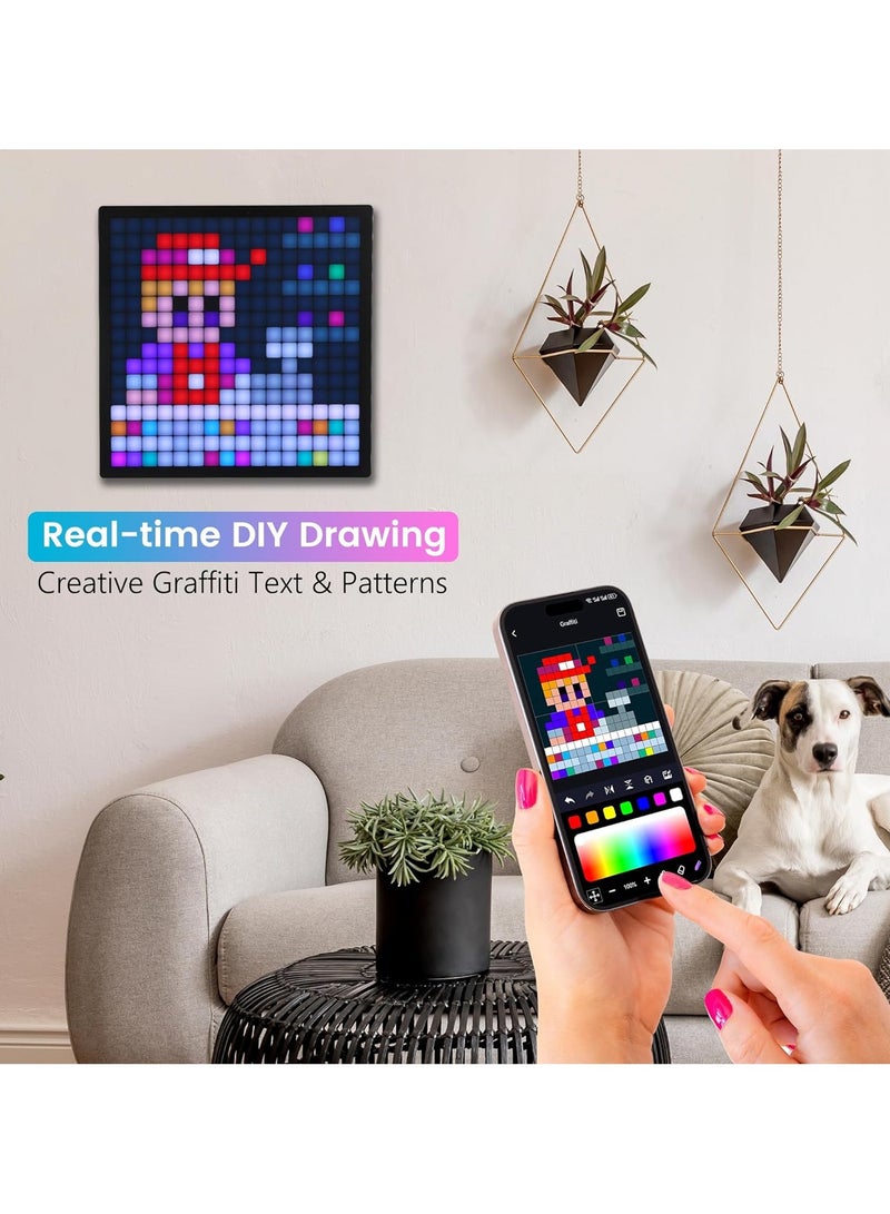 Smart Pixel Display Programmable 16 X 16 LED Pixel Art Picture Frame APP Control Digital Clock Customizable Text Pattern Animation Wall Desk Mount For Gaming Room Home Office Decor