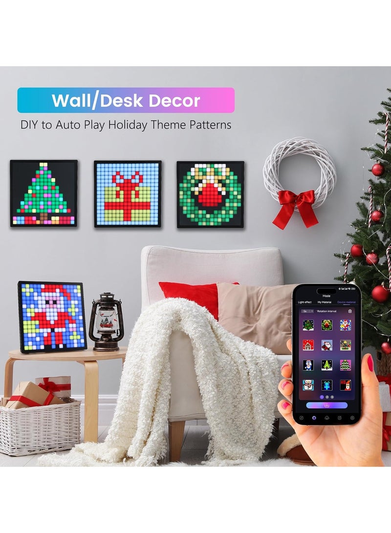 Smart Pixel Display Programmable 16 X 16 LED Pixel Art Picture Frame APP Control Digital Clock Customizable Text Pattern Animation Wall Desk Mount For Gaming Room Home Office Decor