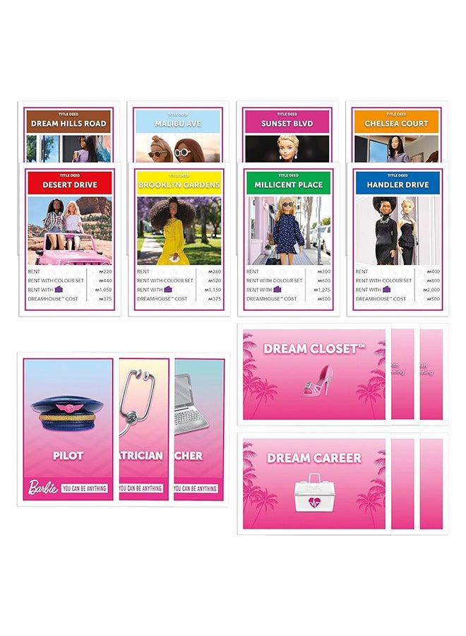 Monopoly Barbie Edition Board Game – Own Your Dream World, Build Your Barbie Empire, and Live Out Fashion & Career Goals – Fun Family Game for Kids & Adults with 6 Barbie-Themed Pink Zinc Tokens, Ages 8+