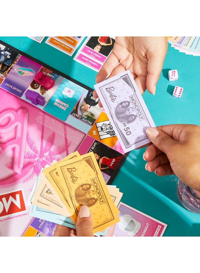 Monopoly Barbie Edition Board Game – Own Your Dream World, Build Your Barbie Empire, and Live Out Fashion & Career Goals – Fun Family Game for Kids & Adults with 6 Barbie-Themed Pink Zinc Tokens, Ages 8+