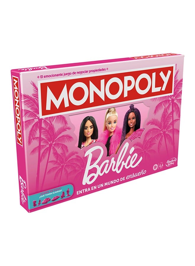 Monopoly Barbie Edition Board Game – Own Your Dream World, Build Your Barbie Empire, and Live Out Fashion & Career Goals – Fun Family Game for Kids & Adults with 6 Barbie-Themed Pink Zinc Tokens, Ages 8+