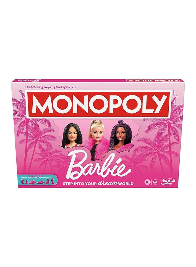 Monopoly Barbie Edition Board Game – Own Your Dream World, Build Your Barbie Empire, and Live Out Fashion & Career Goals – Fun Family Game for Kids & Adults with 6 Barbie-Themed Pink Zinc Tokens, Ages 8+