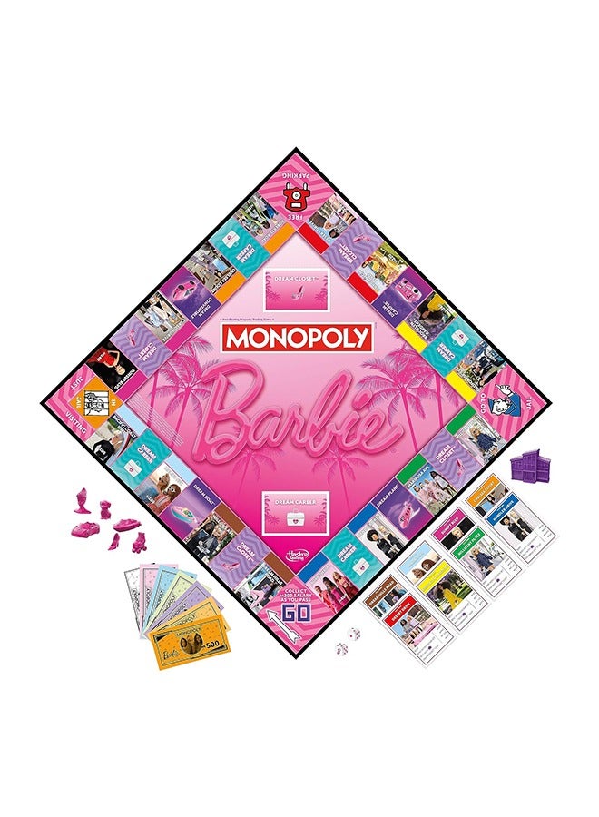 Monopoly Barbie Edition Board Game – Own Your Dream World, Build Your Barbie Empire, and Live Out Fashion & Career Goals – Fun Family Game for Kids & Adults with 6 Barbie-Themed Pink Zinc Tokens, Ages 8+