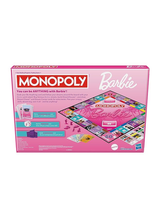 Monopoly Barbie Edition Board Game – Own Your Dream World, Build Your Barbie Empire, and Live Out Fashion & Career Goals – Fun Family Game for Kids & Adults with 6 Barbie-Themed Pink Zinc Tokens, Ages 8+