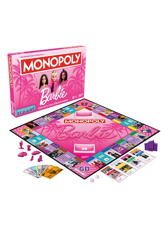 Monopoly Barbie Edition Board Game – Own Your Dream World, Build Your Barbie Empire, and Live Out Fashion & Career Goals – Fun Family Game for Kids & Adults with 6 Barbie-Themed Pink Zinc Tokens, Ages 8+
