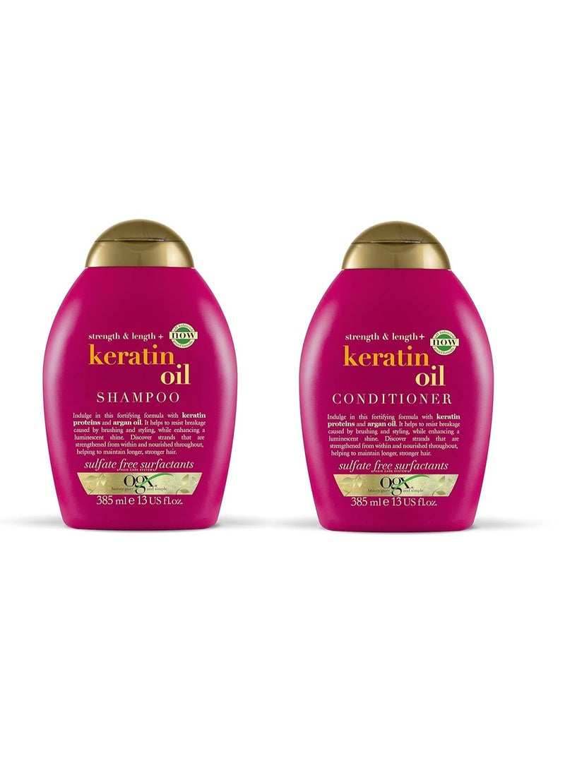 OGX Strength and Length Keratin Fortifying AntiFrizz Shampoo plus Conditioner Combo  Damaged Hair and Split Ends with Keratin Proteins and Argan Oil Paraben Sulfate Free 770 ml
