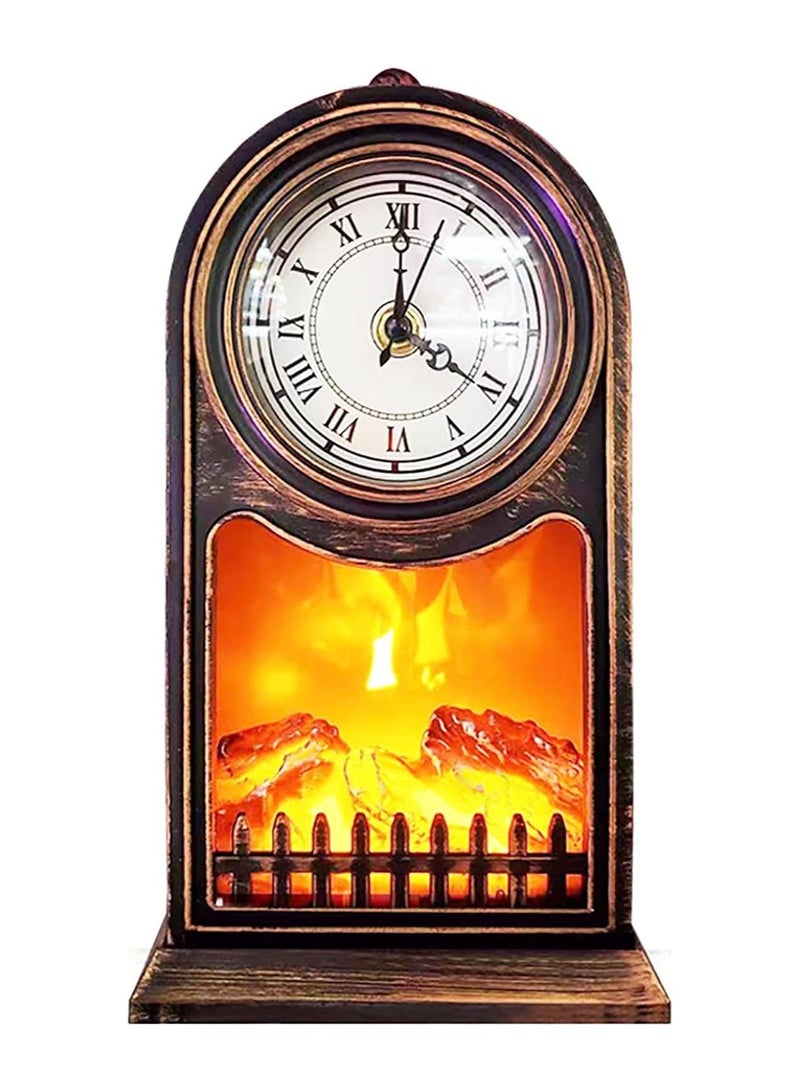 Vintage LED Fireplace Lantern with Clock - Battery Operated Timer, Indoor/Outdoor Tabletop Fireplace Lamp in Modern Black Finish - Perfect Decor and Cozy Home Accent