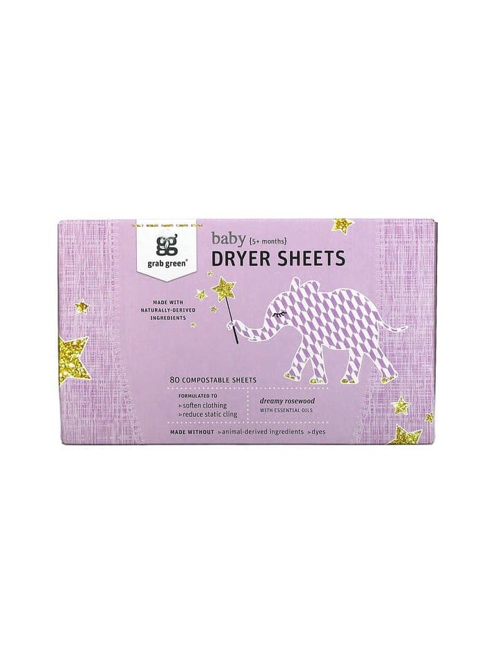 Grab Green, Dryer Sheets, Baby, 5+ Months, Dreamy Rosewood with Essential Oils, 80 Compostable Sheets