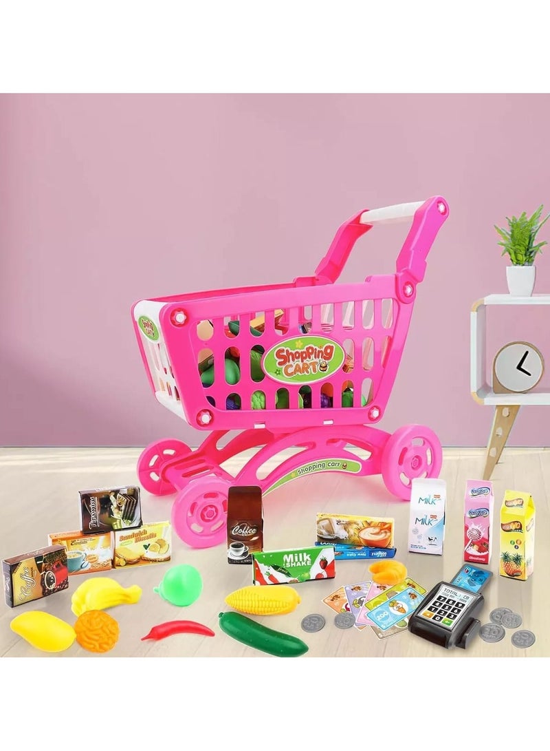 Kids Supermarket Mini Shopping Cart Toy With Grocery Playset Toy