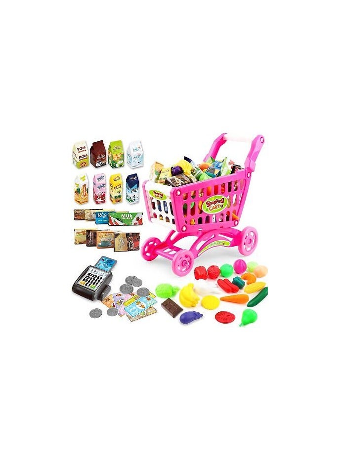 Kids Supermarket Mini Shopping Cart Toy With Grocery Playset Toy