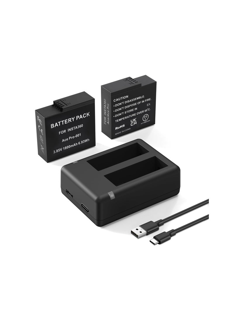 2 Packs Batteries 1800mAh for Insta 360 Ace Pro Battery, with Dual Fast Charge Hub, Compatible with Insta360 Ace/Ace Pro Camera