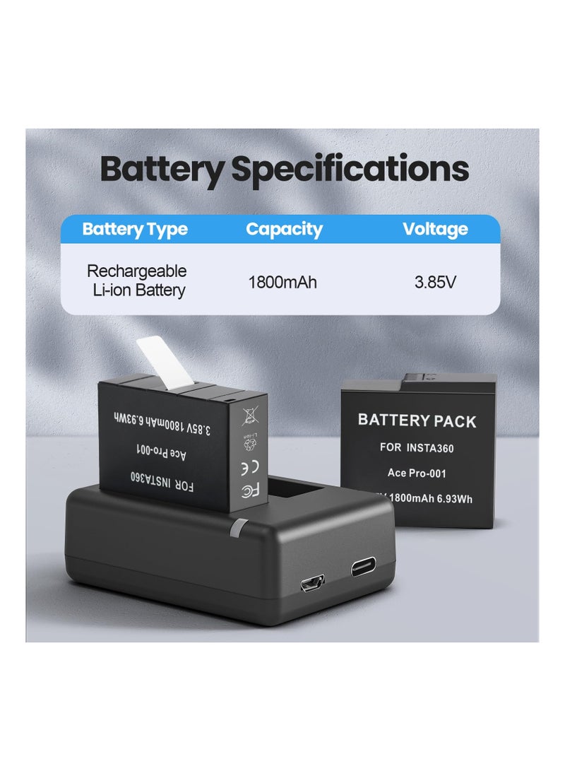 2 Packs Batteries 1800mAh for Insta 360 Ace Pro Battery, with Dual Fast Charge Hub, Compatible with Insta360 Ace/Ace Pro Camera