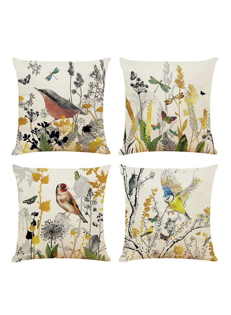 Decorative Throw Pillow Covers Set Of 4 Birds Butterfly And Plant Cushion 45Cmx45Cm Boho Linen Square Cases For Living Room Sofa Couch Bed Pillowcases