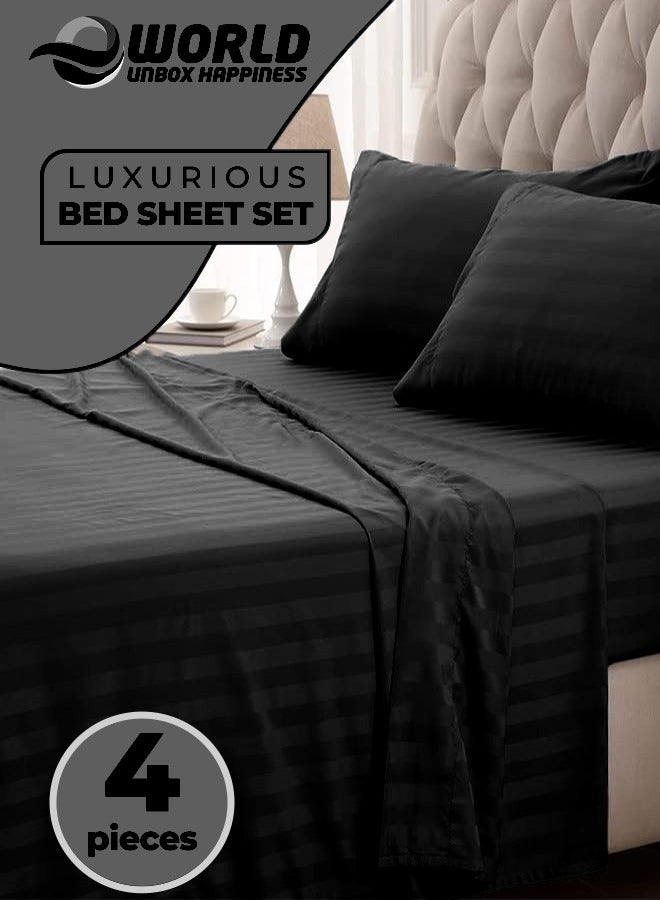4-Piece Luxury King Size Black Striped Bedding Set Includes 1 Duvet Cover (220x240cm), 1 Fitted Bed Sheet (200x200+30cm), and 2 Pillow Cases (48x74+5cm) for Ultimate Hotel-Inspired Sophistication