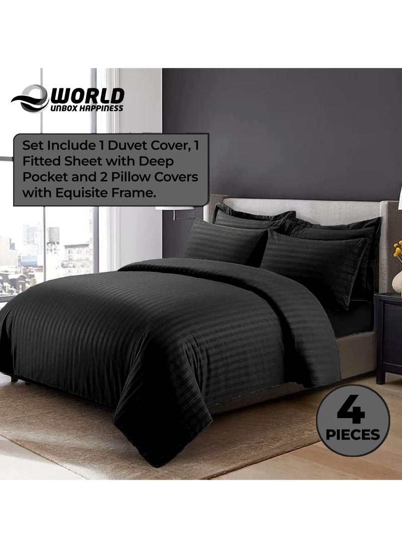 4-Piece Luxury King Size Black Striped Bedding Set Includes 1 Duvet Cover (220x240cm), 1 Fitted Bed Sheet (200x200+30cm), and 2 Pillow Cases (48x74+5cm) for Ultimate Hotel-Inspired Sophistication