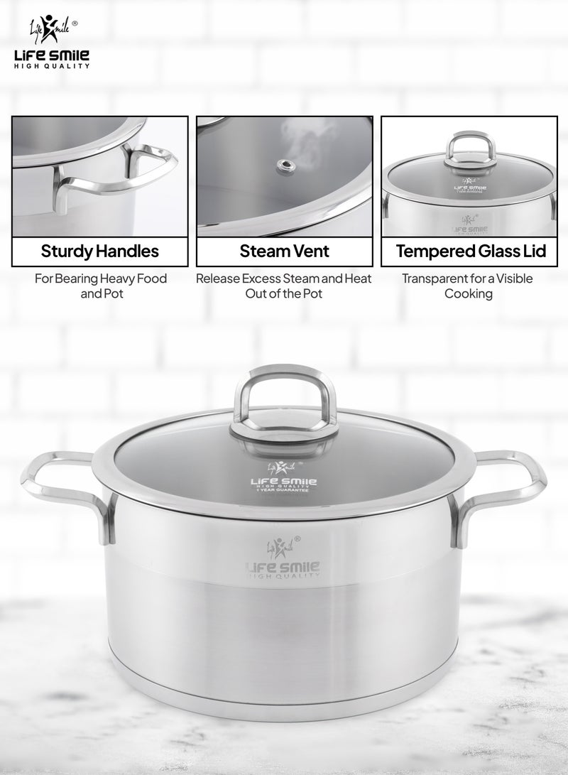 Premium 18/10 Stainless Steel Cookware Set - Pots and Pans Set Induction 3-Ply Thick Base Kitchen Cooking Set for Even Heating Includes Casserroles 16/20/24cm and Frying Pan 28cm - Oven Safe Silver