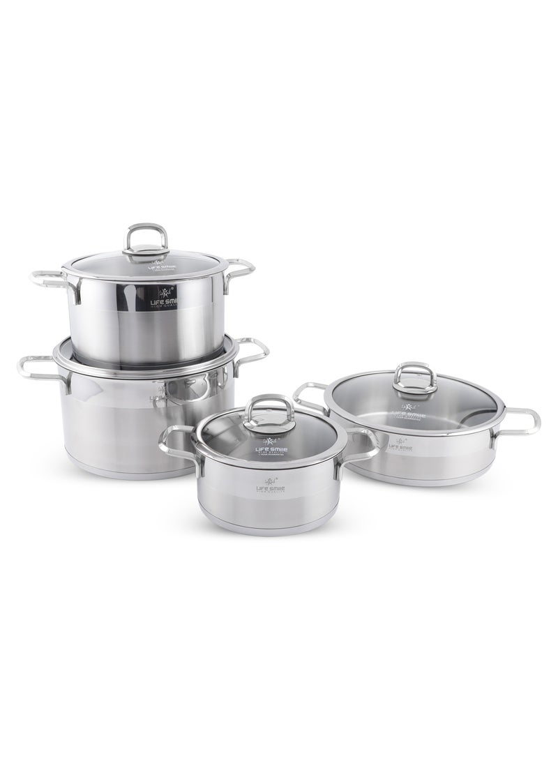 Premium 18/10 Stainless Steel Cookware Set - Pots and Pans Set Induction 3-Ply Thick Base Kitchen Cooking Set for Even Heating Includes Casserroles 16/20/24cm and Frying Pan 28cm - Oven Safe Silver