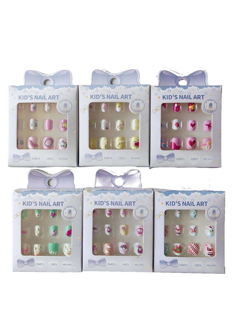 72 pcs 6 pack Children Nails Press on Pre-glue Full Cover Glitter Heart Solid Color Short False Nail MQZONE Kits Lovely Gift for Children Little Girls Nail Art Decoration （Suit for 3Y to 6Y）