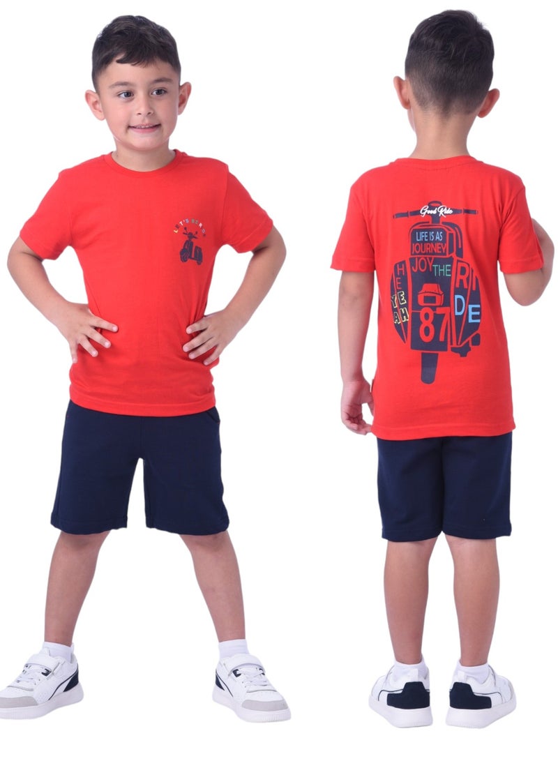 Kids Boys 2-piece Set (2-8 Years) - T-Shirts & Shorts -Red and Navy (100% Cotton)