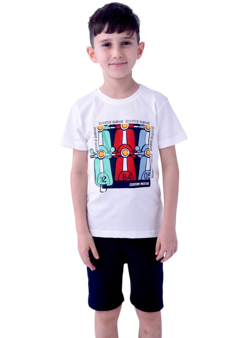 Kids Boys 2 piece Set - T-Shirts & Shorts -Off-White and Navy (100% Cotton)
