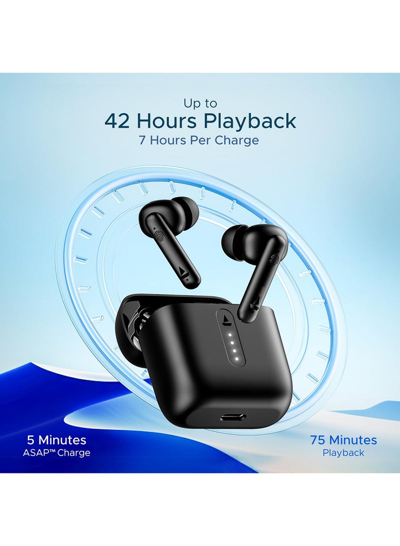 Airdopes 141 Bluetooth TWS Earbuds With 42H Playtime,Low Latency Mode For GamIng, ENx Tech, IWP, IPX4 Water Resistance, Smooth Touch Controls Bold Black