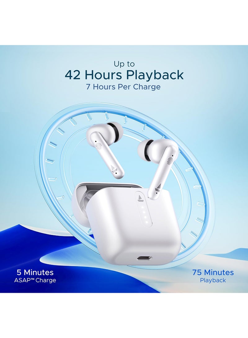 Airdopes 141 Bluetooth TWS Earbuds With 42H Playtime,Low Latency Mode For GamIng, ENx Tech, IWP, IPX4 Water Resistance, Smooth Touch Controls Pure White