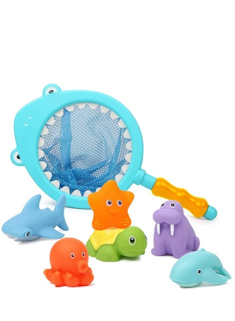 7Pcs Baby Bath Toys, Scoop Net Fish Pool Toys with Spray, Sounds, Color Changing Toddler Bathtub Bathtub Swimming Pool Toys