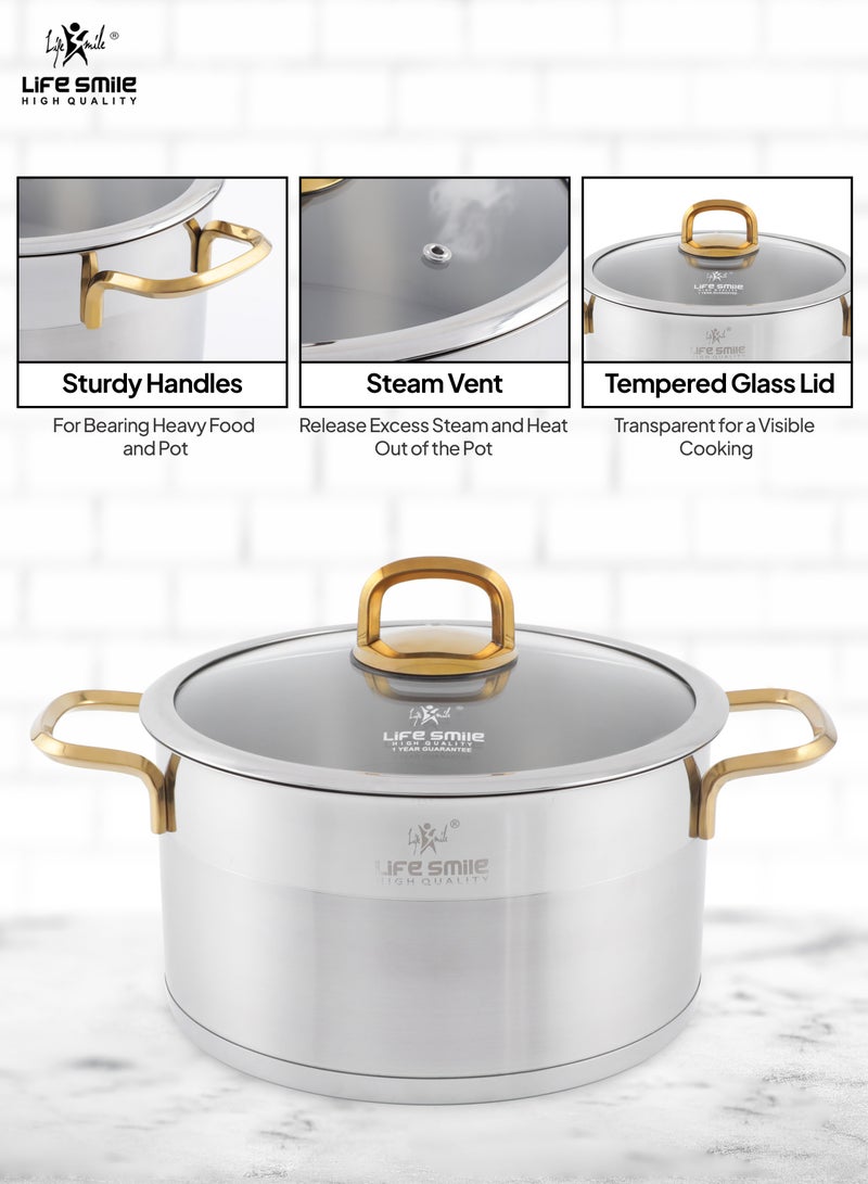 Premium 18/10 Stainless Steel Cookware Set - Pots and Pans Set Induction 3-Ply Kitchen Cooking Set Thick Base for Even Heating Includes Casserroles 24/28/32cm Oven Safe Silver Gold