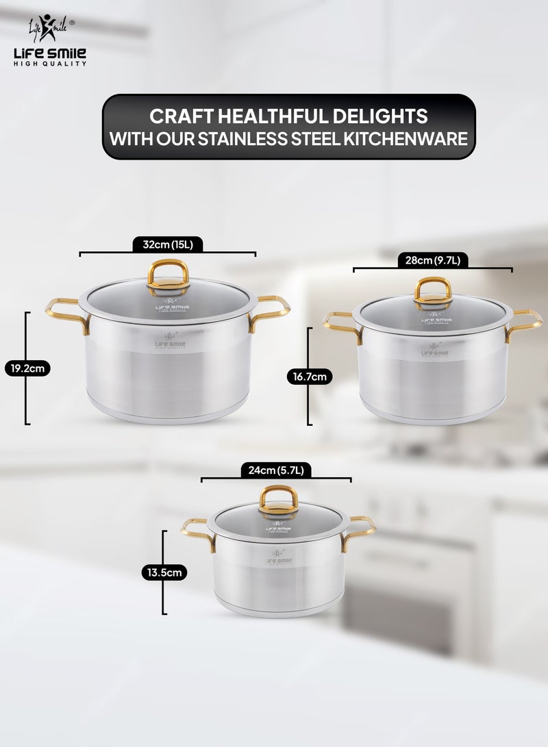 Premium 18/10 Stainless Steel Cookware Set - Pots and Pans Set Induction 3-Ply Kitchen Cooking Set Thick Base for Even Heating Includes Casserroles 24/28/32cm Oven Safe Silver Gold