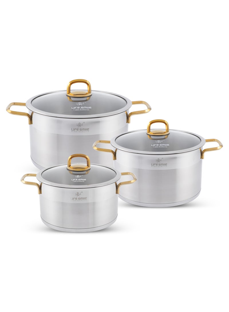 President Series Premium 18/10 Stainless Steel Cookware Set - Pots and Pans Set Induction 3-Ply Thick Base for Even Heating Includes Casserroles 24/28/32cm Oven Safe Silver Gold