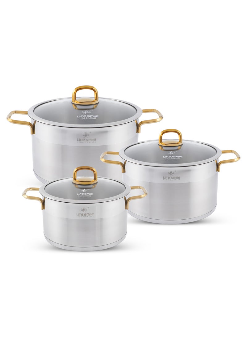 Premium 18/10 Stainless Steel Cookware Set - Pots and Pans Set Induction 3-Ply Kitchen Cooking Set Thick Base for Even Heating Includes Casserroles 24/28/32cm Oven Safe Silver Gold