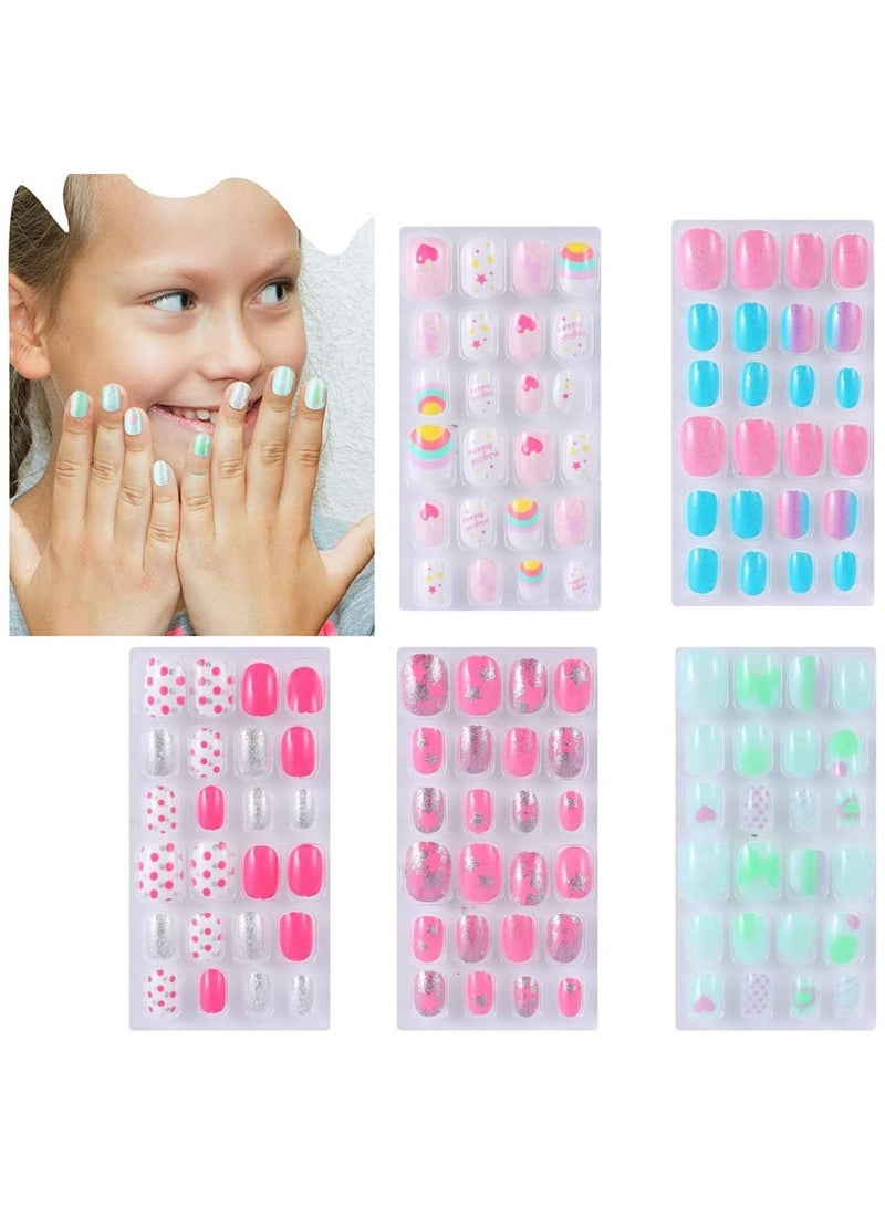 Press on Nails Girls False On Pre-glue Full Cover Children Artificial Fake Nail Tips Pre Glue Short for Kids Teens Art Decoration