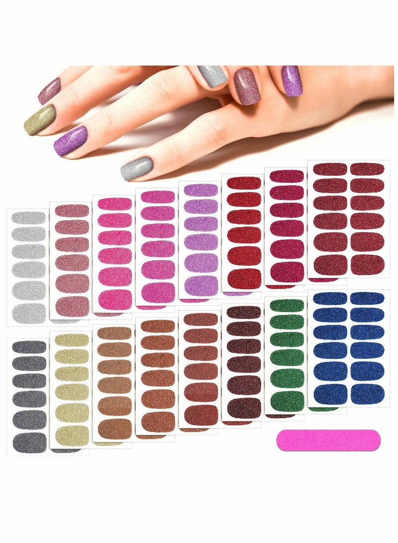 16 Sheets Glitter Nail Wraps Polish Stickers Self Adhesive Design Decals Strips in Solid Colors with 2 Pieces File for Women Girls DIY Manicure Decoration (Retro Color)