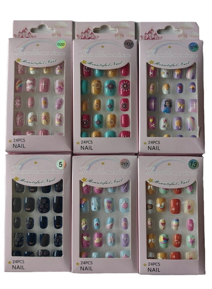 144 PCS 6 pack Kids False Nail, Press on Pre-glue Full Cover MQZONE Short False Nail Kits, Lovely Gift for children Little Girls Nail Art Decoration (suit for 6Y to 12Y)