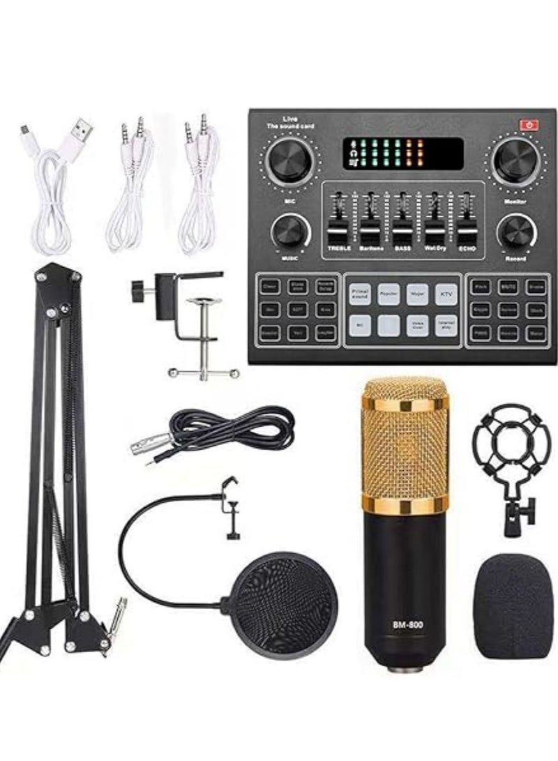 Multifunctional Live V9 Sound Card and BM800 Suspension Microphone Kit Broadcasting Condenser Microphone Set Intelligent Webcast Live Sound Card for Computers and Mobile