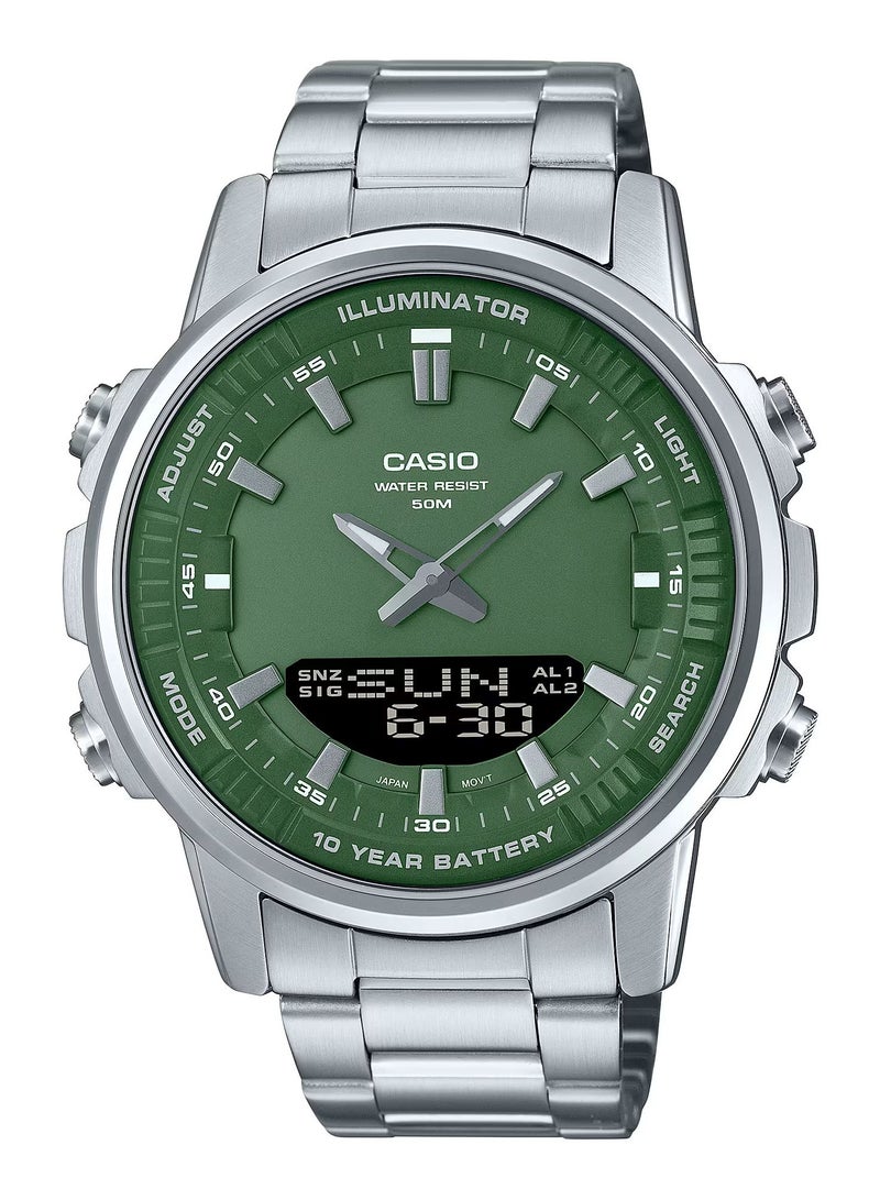 Analog & Digital Stainless Steel Silver Band Green Dial Wrist Watch For Men's AMW-880D-3AVDF - 52mm - Silver