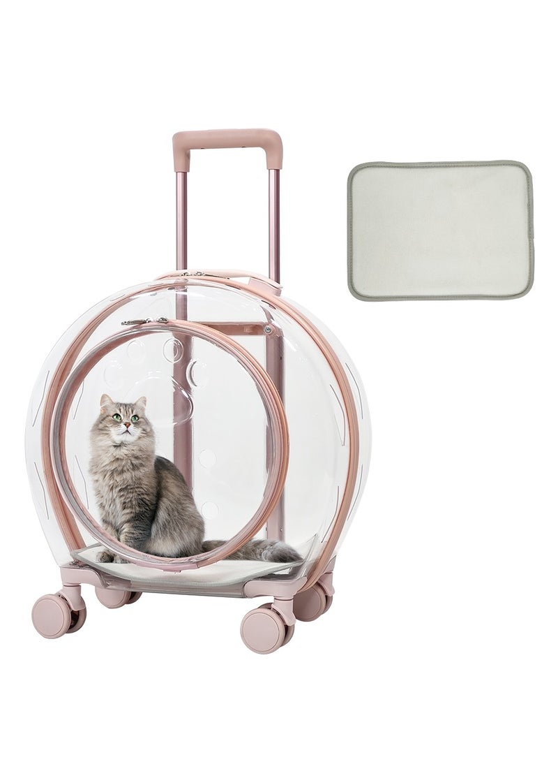 Pet carrier with 1 mat, Portable transparent capsule pet bag with wheel, travel trolley for puppies dogs and cat carriers, Pink pet transport luggage (91 cm)
