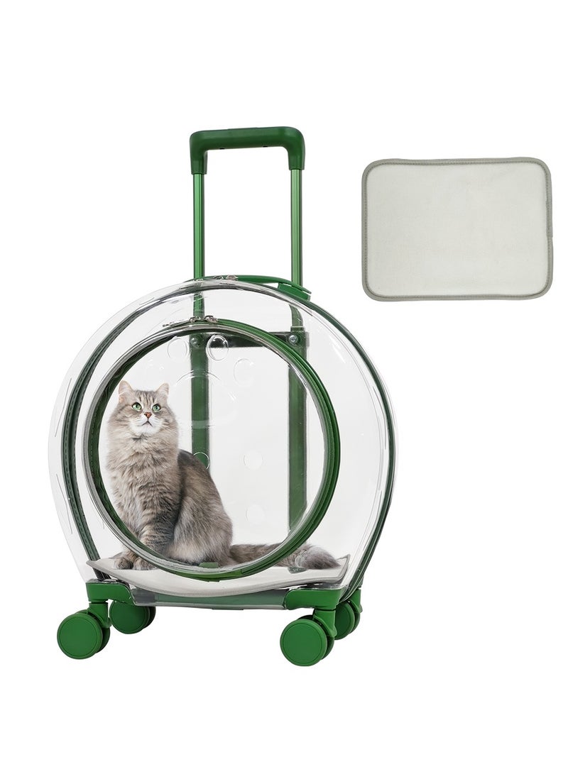 Pet carrier with 1 mat, Portable transparent capsule pet bag with wheel, Travel trolley for puppies dogs and cat carriers, Green pet transport luggage (91 cm)