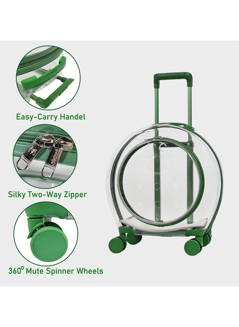 Pet carrier with 1 mat, Portable transparent capsule pet bag with wheel, Travel trolley for puppies dogs and cat carriers, Green pet transport luggage (91 cm)