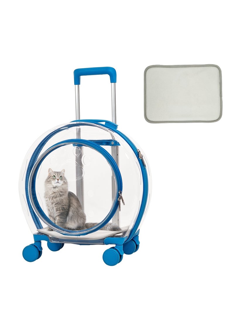 Pet carrier bag with 1 mat, Portable transparent capsule pet bag with wheel, Travel trolley for puppies dogs and cat carriers, Blue pet transport luggage (91 cm)