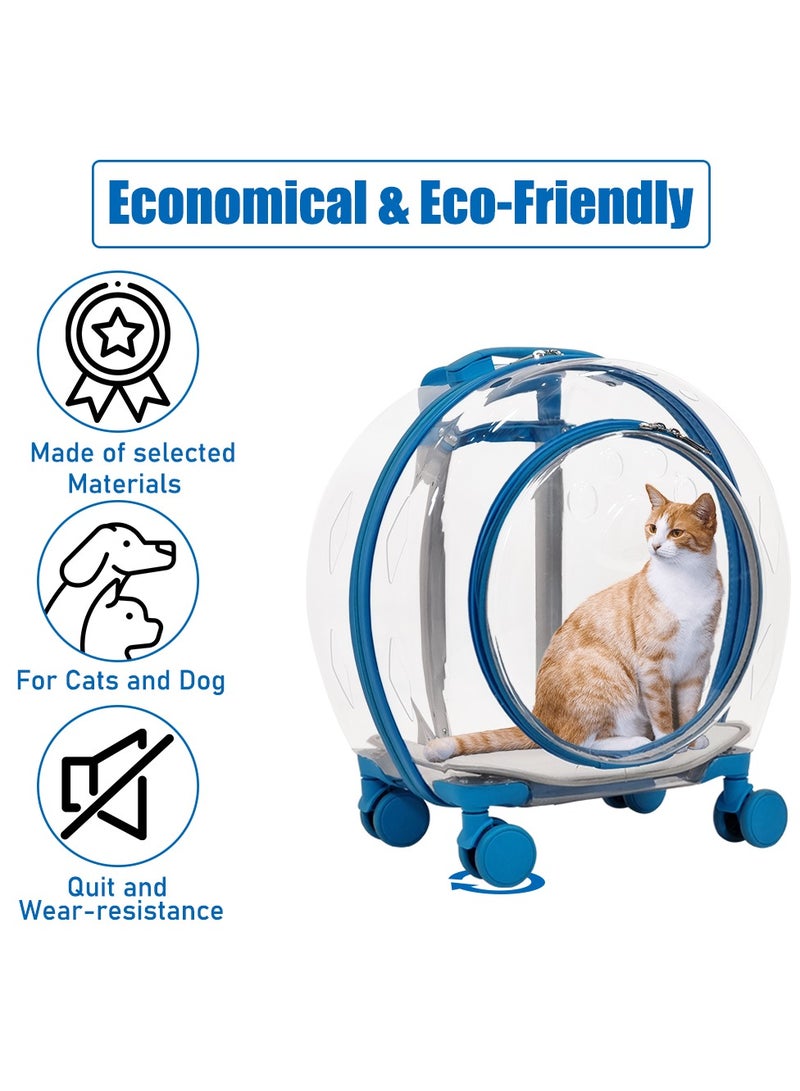 Pet carrier bag with 1 mat, Portable transparent capsule pet bag with wheel, Travel trolley for puppies dogs and cat carriers, Blue pet transport luggage (91 cm)