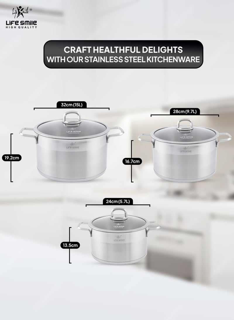 Premium 18/10 Stainless Steel Cookware Set - Pots and Pans Set Induction 3-Ply Kitchen Cooking Set Thick Base for Even Heating Includes Casserroles 24/28/32cm Oven Safe Silver