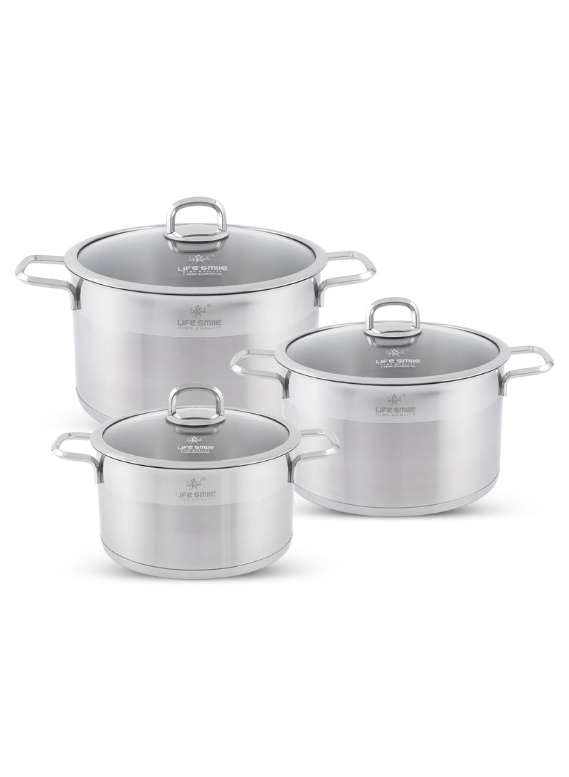 Premium 18/10 Stainless Steel Cookware Set - Pots and Pans Set Induction 3-Ply Kitchen Cooking Set Thick Base for Even Heating Includes Casserroles 24/28/32cm Oven Safe Silver