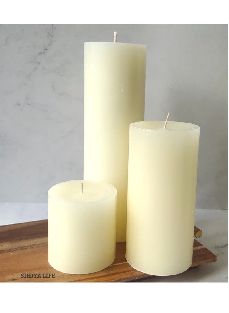 Set of 3 Ivory Pillar Candles - 3x3, 3x6, 3x9 , Unscented & Dripless Candles for Decor, Events, Restaurants , Natural Wax with Cotton Wicks , 140 hrs Burn Time