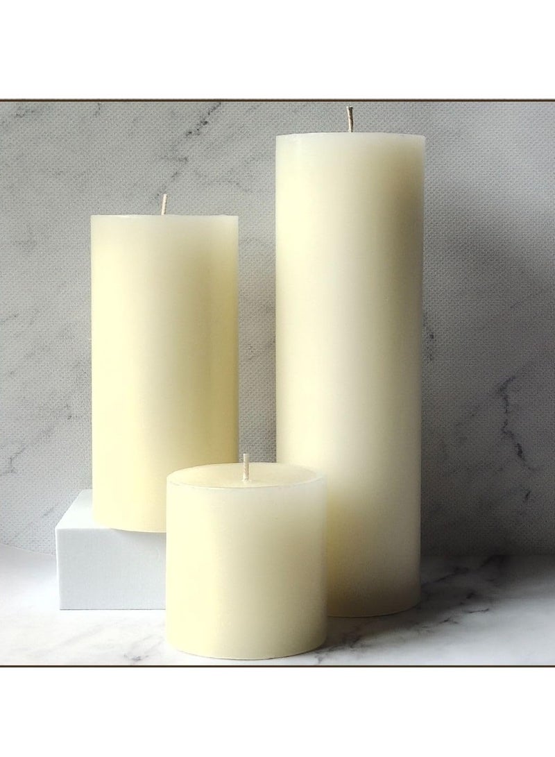 Set of 3 Ivory Pillar Candles - 3x3, 3x6, 3x9 , Unscented & Dripless Candles for Decor, Events, Restaurants , Natural Wax with Cotton Wicks , 140 hrs Burn Time