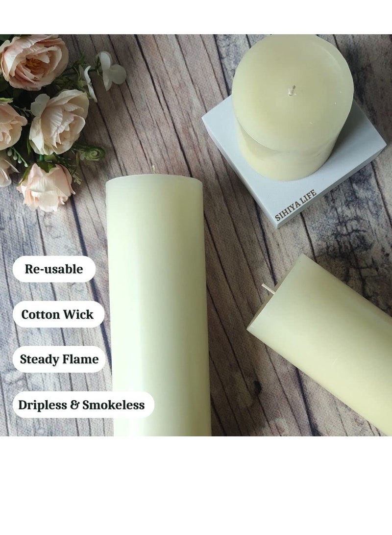 Set of 3 Ivory Pillar Candles - 3x3, 3x6, 3x9 , Unscented & Dripless Candles for Decor, Events, Restaurants , Natural Wax with Cotton Wicks , 140 hrs Burn Time