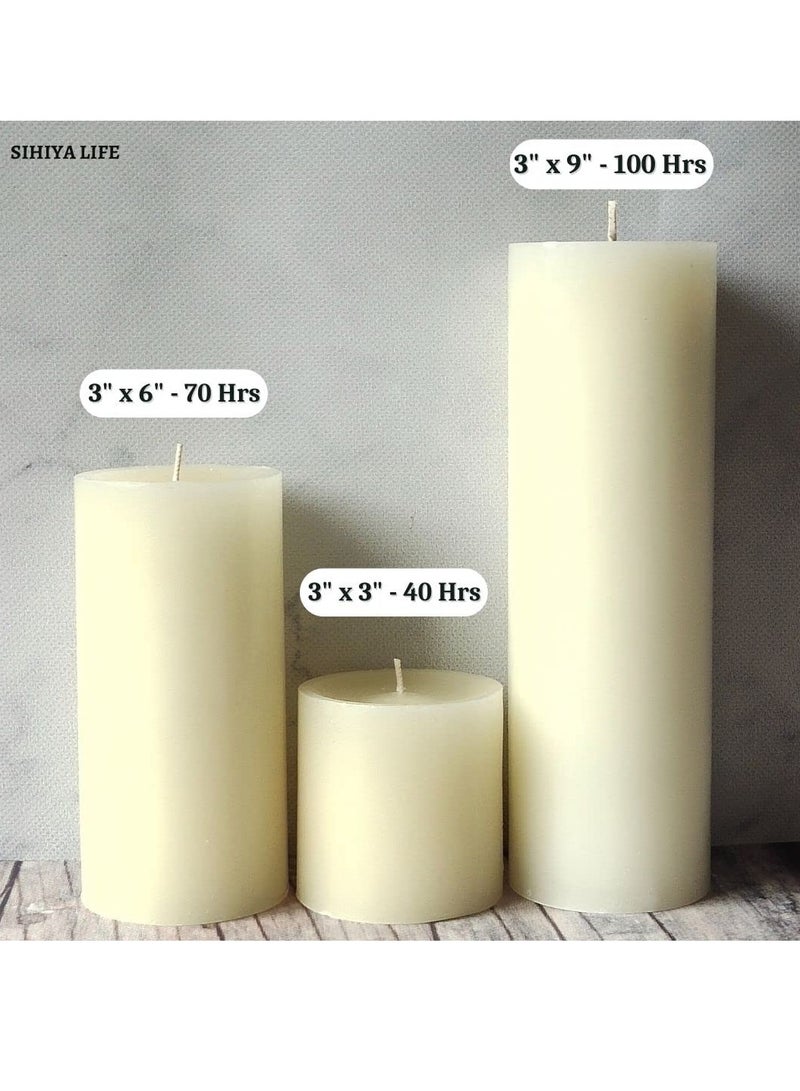 Set of 3 Ivory Pillar Candles - 3x3, 3x6, 3x9 , Unscented & Dripless Candles for Decor, Events, Restaurants , Natural Wax with Cotton Wicks , 140 hrs Burn Time